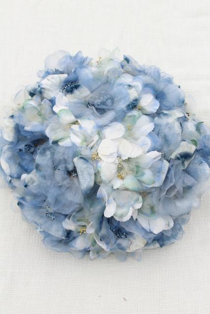 late 50s early 60s vintage pillbox hat, allover silk flowers in pale blue