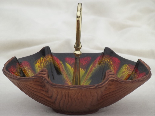 Lava glaze Treasure Craft pottery dish w/ center handle, 60s retro nut bowl
