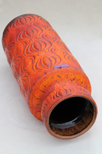 Lava orange Scheurich German art pottery floor vase, retro 60s 70s vintage