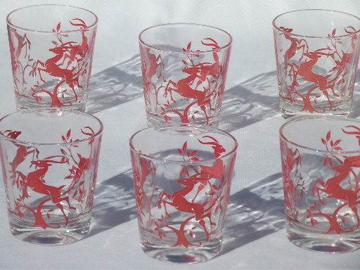 Leaping gazelle deer in red, 1950s vintage glass tumblers, bar glasses set