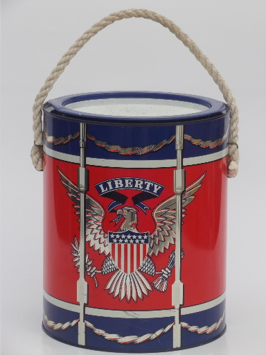 Liberty drum tin, vintage metal litho print pail, canister w/ bucket handle