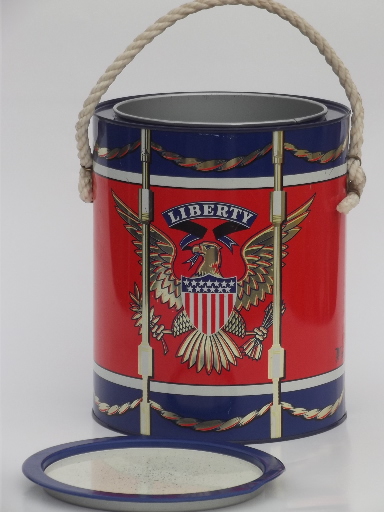 Liberty drum tin, vintage metal litho print pail, canister w/ bucket handle