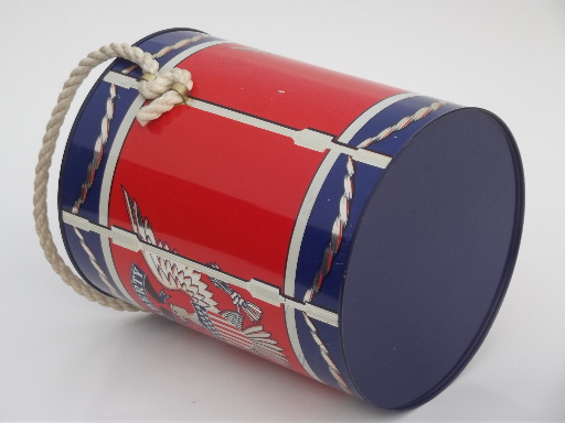 Liberty drum tin, vintage metal litho print pail, canister w/ bucket handle