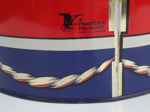 Liberty drum tin, vintage metal litho print pail, canister w/ bucket handle