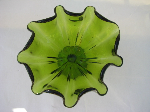 Lime green ruffled edge art glass pedestal bowl, 60s vintage