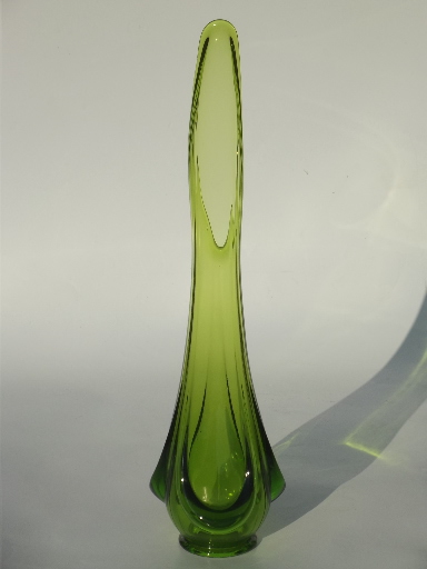 Lime green swung glass vase, mid-century mod vintage hand-blown art glass