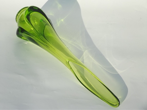 Lime green swung glass vase, mid-century mod vintage hand-blown art glass