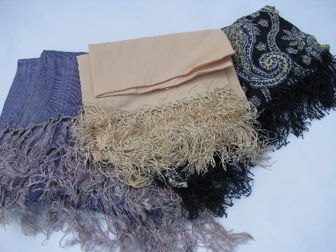 Long silky fringed evening scarves, vintage 50s silk scarf lot, peach, dusk blue