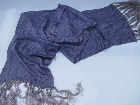 Long silky fringed evening scarves, vintage 50s silk scarf lot, peach, dusk blue
