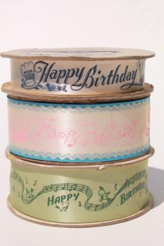 lot 50s vintage Happy Birthday print gift package ribbons, rolls of florists ribbon
