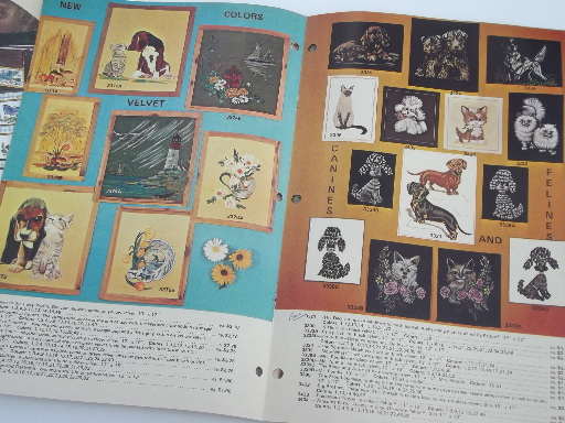 Lot 70s vintage craft catalogs, paint embroidery designs, retro wall art etc.