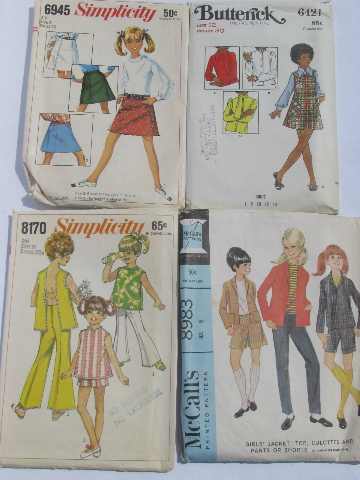 Lot 70s vintage sewing patterns, girls retro hippie pants, tops etc.