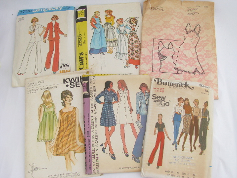 Lot 70s vintage sewing patterns, retro hippie pants, tops, dresses