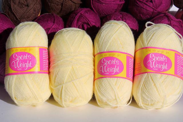 lot Caron sport weight Wintuk acrylic yarn, creamy yellow, coffee, raspberry, rose