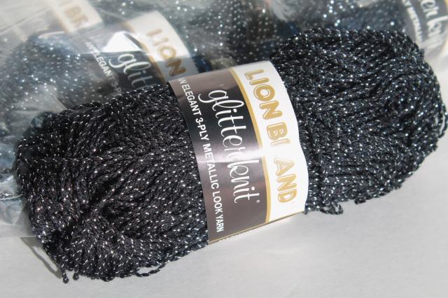 lot Lion glitter knit yarn, black / silver lurex metallic thread acrylic for knitting crochet