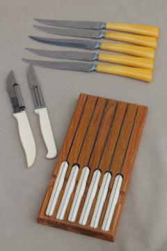 Lot assorted vintage kitchen paring knives, steak knives & wood knife block holder rack