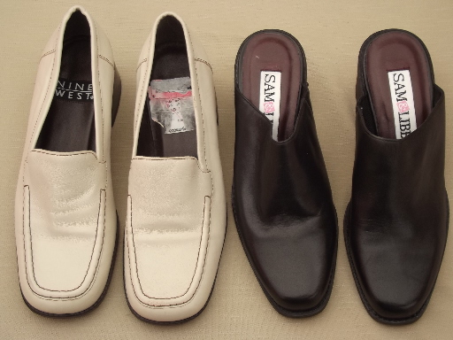 Lot ladies size 6 shoes, leather mules in brown and heeled loafers in ivory