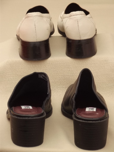 Lot ladies size 6 shoes, leather mules in brown and heeled loafers in ivory
