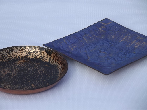 Lot mid-century modern copper enamel, square ashtray, round dishes and bowls