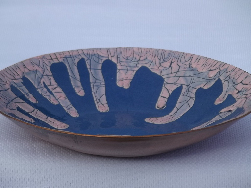 Lot mid-century modern copper enamel, square ashtray, round dishes and bowls