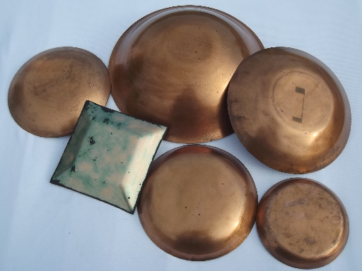 Lot mid-century modern copper enamel, square ashtray, round dishes and bowls