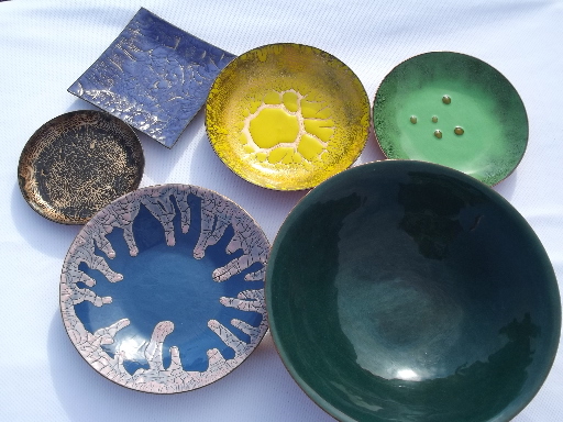 Lot mid-century modern copper enamel, square ashtray, round dishes and bowls