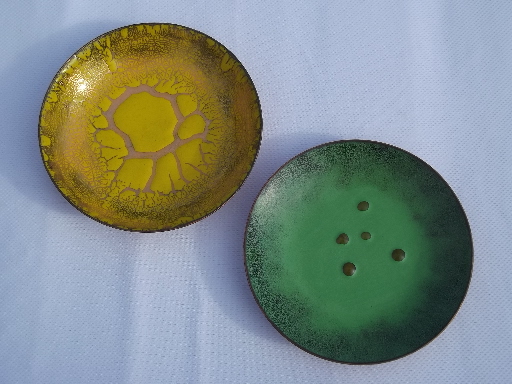 Lot mid-century modern copper enamel, square ashtray, round dishes and bowls