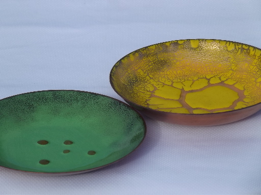Lot mid-century modern copper enamel, square ashtray, round dishes and bowls