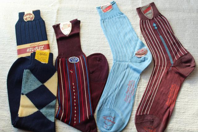 lot new old stock 40s 50s vintage men's socks new w/ labels, argyle & striped nylon socks