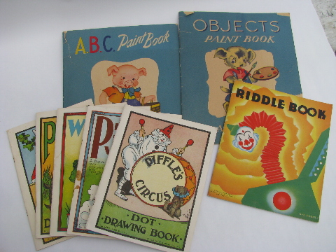 Lot of 1930's vintage children's activity books, coloring pages