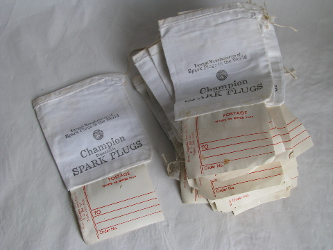 Lot of 30+ muscle car, new-old-stock cloth Champion spark plug shipping bags