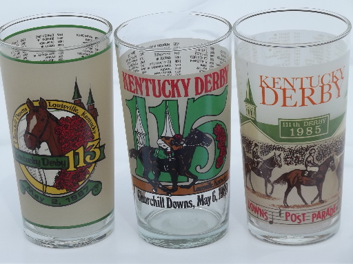 Lot of Kentucky Derby souvenir glasses, vintage 1985, 1987, 1989