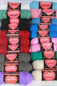 lot of vintage acrylic yarn, Red Heart Sport weight knitting / crochet yarn, retro colors