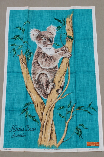 Lot of vintage linen kitchen towels, koala print linen towel collection