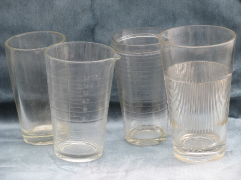 Lot vintage glass measures, drink mixers shakers jars, large malt glasses