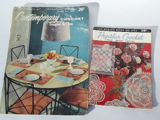 Lot vintage needlework pattern booklets, crochet lace linens tablecloths