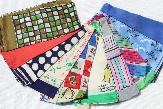 lot vintage silk fabric pocket square handkerchiefs, novelty print designer hankies