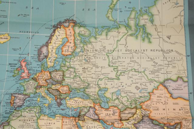 lot vintage wall maps, 1940s 1950s schoolroom size world map WWII military front map