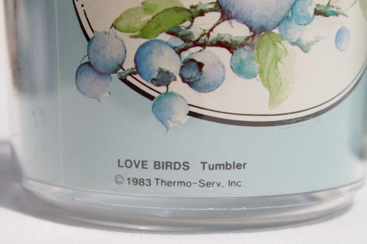 Love Birds Thermo-Serv insulated plastic glasses, lovebirds bluebird print tumblers