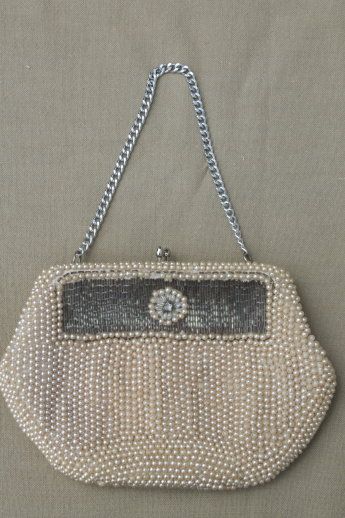 Made in Japan vintage evening bag, tiny purse covered in glass seed pearls