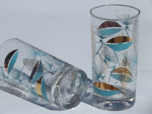 Madmen mod 50s 60s aqua & gold glass tumblers, glasses w/ retro prints