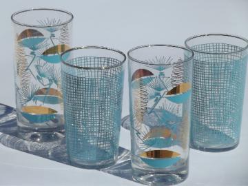 Madmen mod 50s 60s aqua & gold glass tumblers, glasses w/ retro prints