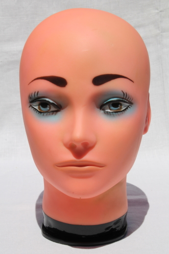 Mannequin head wig model photo prop, bald head girl w/ retro makeup