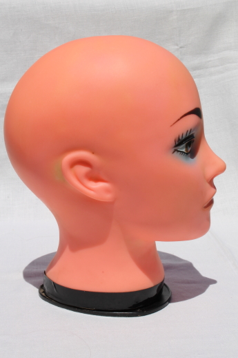 Mannequin head wig model photo prop, bald head girl w/ retro makeup