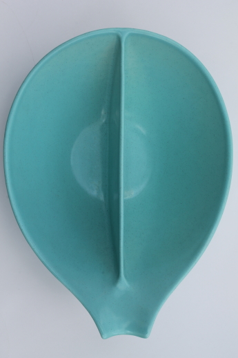 MCM asymmetrical divided bowl w/ handle, 50s turquoise blue Monterey California pottery