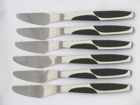 MCM stainless flatware for 6, black handle insets Georg Jensen style