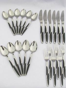 MCM stainless flatware for 6, black handle insets Georg Jensen style