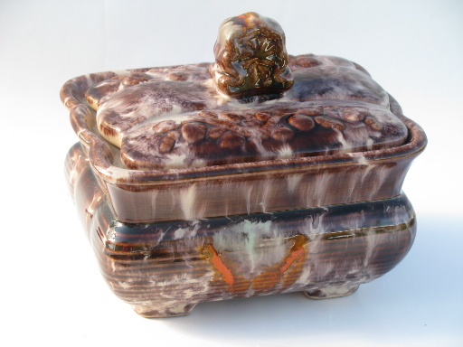 MCM vintage covered dish or box, Germany drip glaze pottery, mod flower