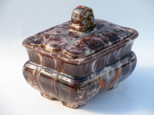 MCM vintage covered dish or box, Germany drip glaze pottery, mod flower