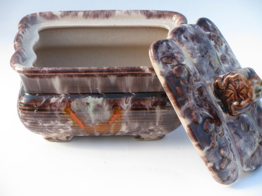 MCM vintage covered dish or box, Germany drip glaze pottery, mod flower